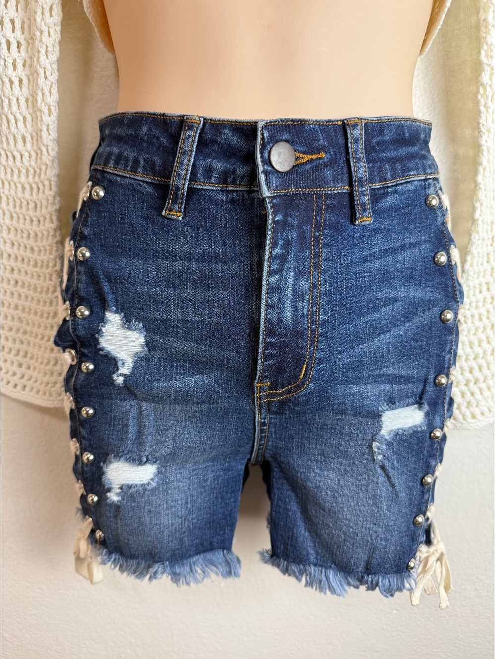 Women’s Dark Wash Lace-Up Distressed Denim Shorts Studded Frayed Hem